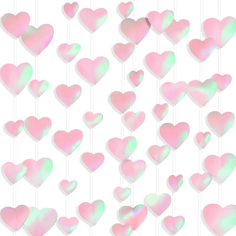 Fuyoooo 10 Pack 130ft Pink Holographic Heart Party Garland Asymmetrical Love Hanging Banners for Mothers Day Baby Shower Engagement Wedding Bridal Shower Decoration - Image 1