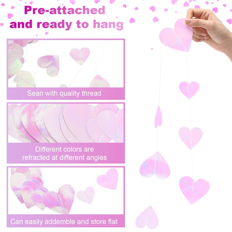 Fuyoooo 10 Pack 130ft Pink Holographic Heart Party Garland Asymmetrical Love Hanging Banners for Mothers Day Baby Shower Engagement Wedding Bridal Shower Decoration - Image 3