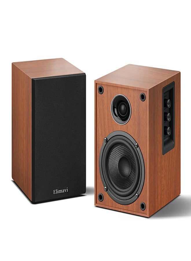 Elimavi Powered Bluetooth Bookshelf Speakers, Record Player Speakers with 4" Carbon Fiber Woofer and a 1" Silk Dome Tweeter - BT5.3, USB-C, RCA Inputs for TV, PC, Studio Monitor, Wood Grain Color - Image 1