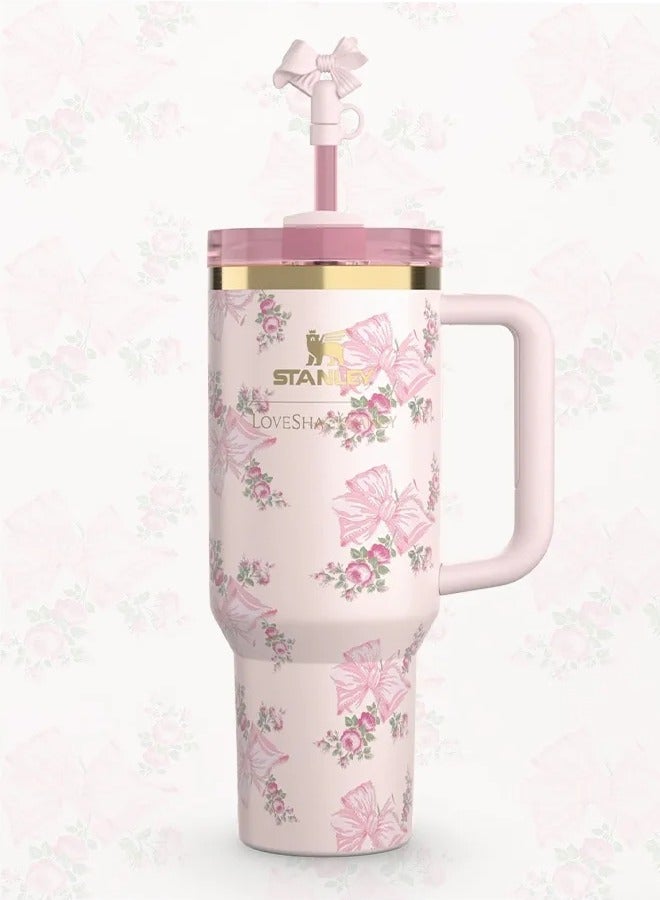 Stanley Love Shack Fancy H2.0 Flow State 40oz Rosa Beaux Pink Tumbler, Stainless Steel Vacuum Insulated Quencher with Lid, Straw, Pouch and Stopper in Elegant Gift-Ready Packaging, Keeps Drinks Cold for Hours - Image 4