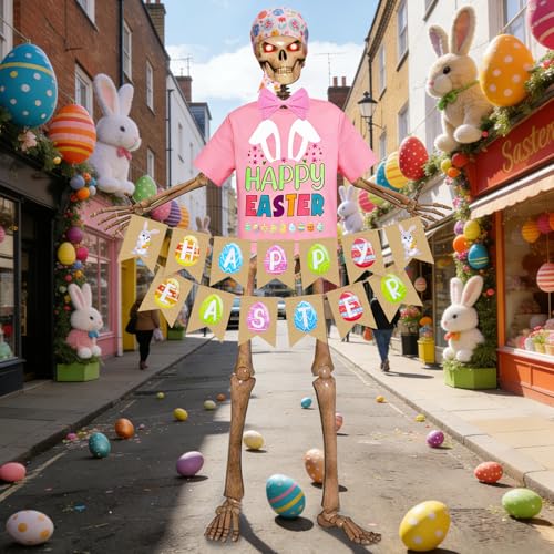 Yudlto 5 Pcs Easter Skeleton Outfit Set, 12ft Skeleton Accessories with Pink Headscarf, Pink Tie, Pink Top & Easter Banner for Garden Lawn Outdoor Decor, Giant Skull Clothing for Holiday Party - Image 5