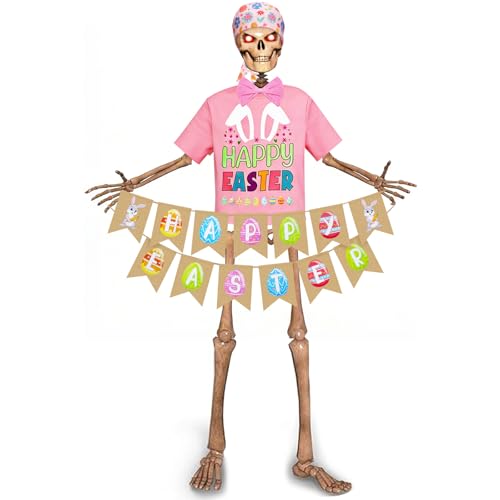 Yudlto 5 Pcs Easter Skeleton Outfit Set, 12ft Skeleton Accessories with Pink Headscarf, Pink Tie, Pink Top & Easter Banner for Garden Lawn Outdoor Decor, Giant Skull Clothing for Holiday Party - Image 1