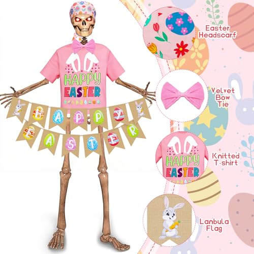 Yudlto 5 Pcs Easter Skeleton Outfit Set, 12ft Skeleton Accessories with Pink Headscarf, Pink Tie, Pink Top & Easter Banner for Garden Lawn Outdoor Decor, Giant Skull Clothing for Holiday Party - Image 4