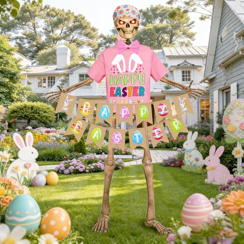 Yudlto 5 Pcs Easter Skeleton Outfit Set, 12ft Skeleton Accessories with Pink Headscarf, Pink Tie, Pink Top & Easter Banner for Garden Lawn Outdoor Decor, Giant Skull Clothing for Holiday Party - Image 3