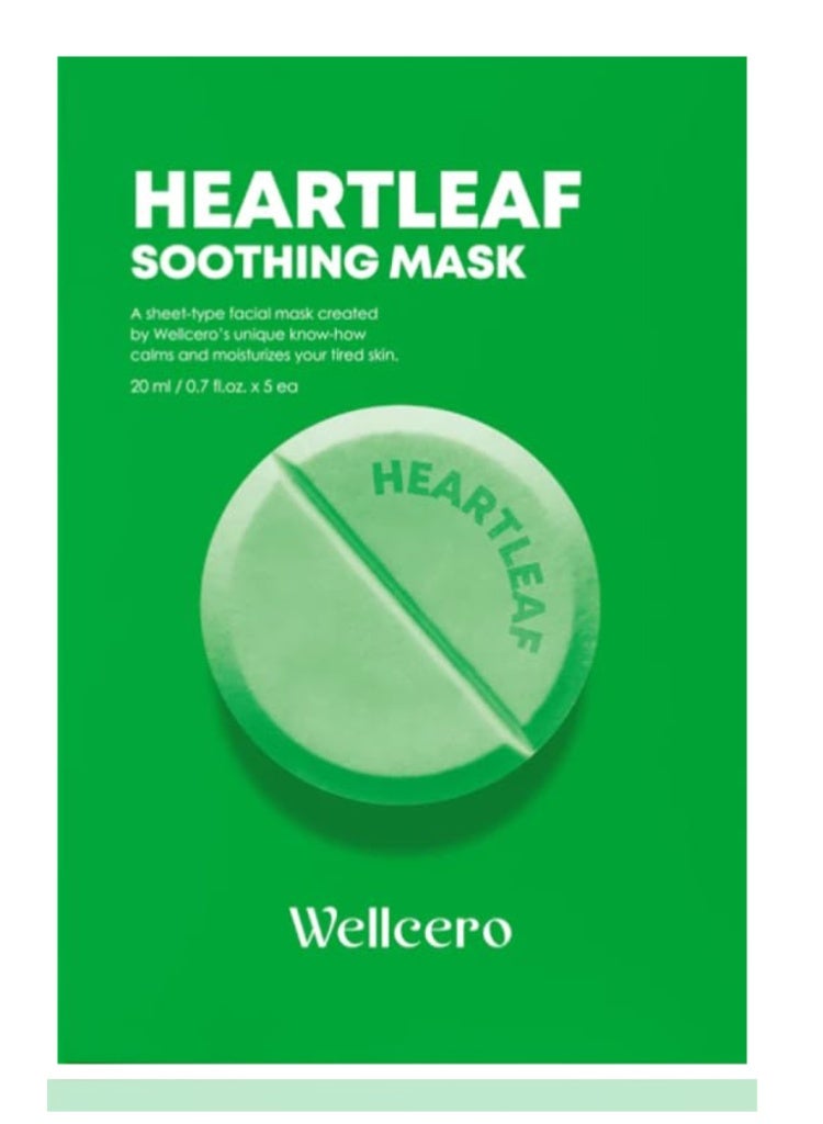 ELT Wellcero Heartleaf Soothing Korean Face Masks 5pcs – Collagen Hydrating & Calming Sheet Mask Set - Image 1