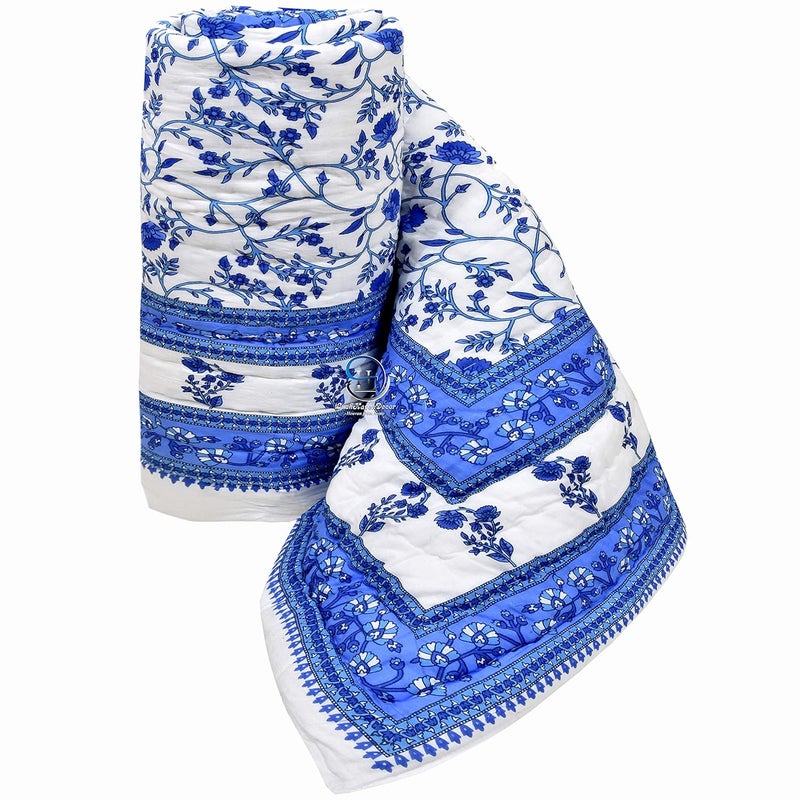 HASHIREX Single Bed Jaipuri Cotton Rajzai Blanket Ac Quilt Soft Light Weight Rajasthani Traditional Cotton Comforter 85 x 55 inch White Blue Pack of 1 - Image 3