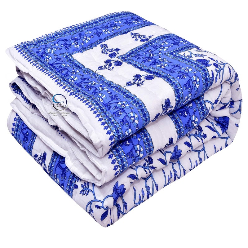 HASHIREX Single Bed Jaipuri Cotton Rajzai Blanket Ac Quilt Soft Light Weight Rajasthani Traditional Cotton Comforter 85 x 55 inch White Blue Pack of 1 - Image 1