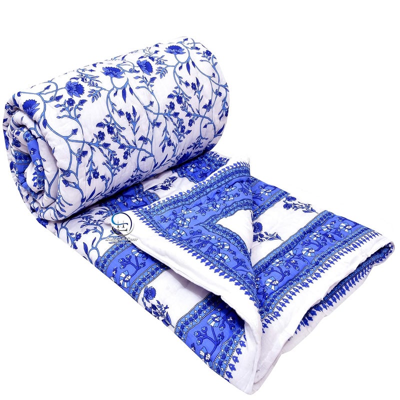 HASHIREX Single Bed Jaipuri Cotton Rajzai Blanket Ac Quilt Soft Light Weight Rajasthani Traditional Cotton Comforter 85 x 55 inch White Blue Pack of 1 - Image 2