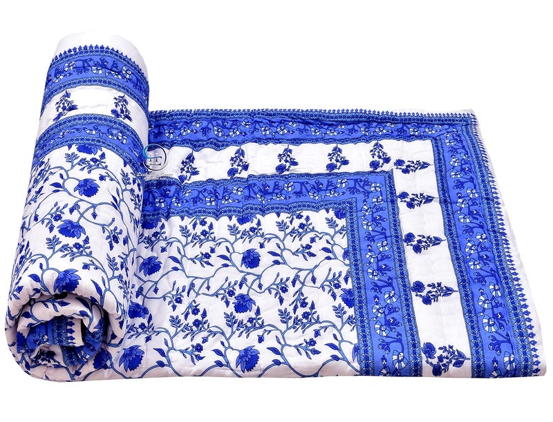 HASHIREX Single Bed Jaipuri Cotton Rajzai Blanket Ac Quilt Soft Light Weight Rajasthani Traditional Cotton Comforter 85 x 55 inch White Blue Pack of 1 - Image 4