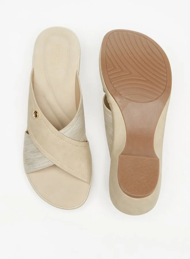 فلورا بيلا من شو إكسبرس Women's Textured Slip-On Cross Strap Sandals with Block Heels