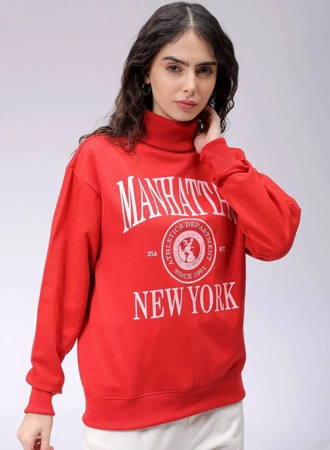 Women Boxy Fit Typography Printed Round Neck Long Sleeve Oversized Sweatshirt