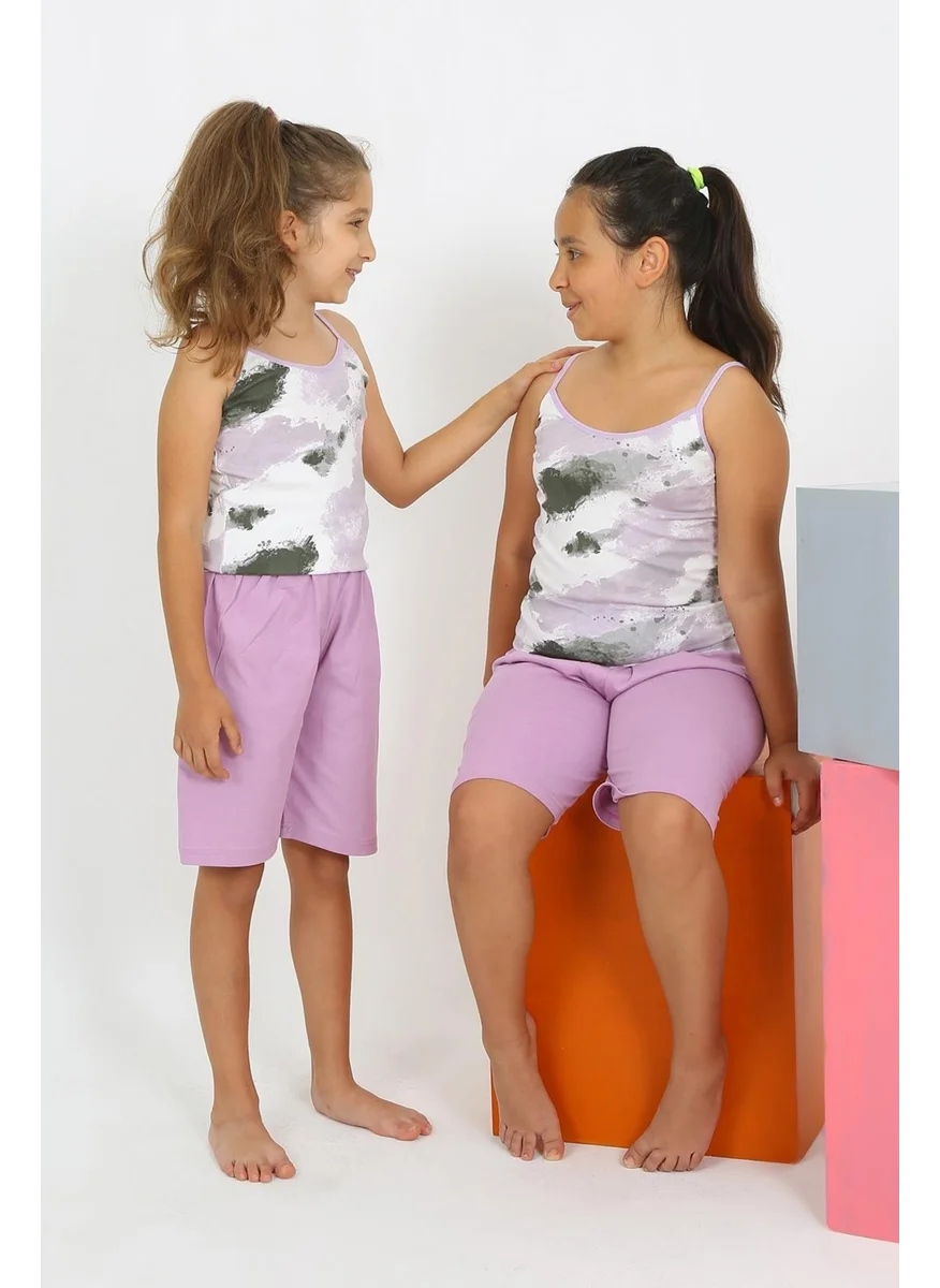 اكبينيز Girl's Cotton Lilac Pajama Set with Rope Strap Shorts 20430