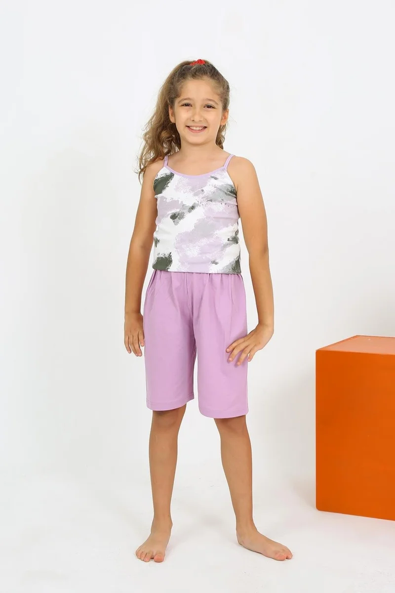 Akbeniz Girl's Cotton Lilac Pajama Set with Rope Strap Shorts 20430