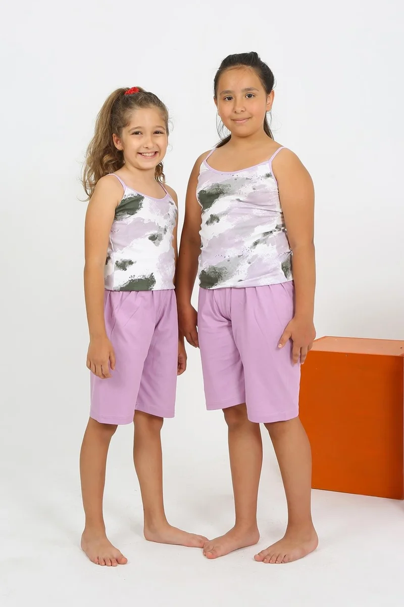 Akbeniz Girl's Cotton Lilac Pajama Set with Rope Strap Shorts 20430