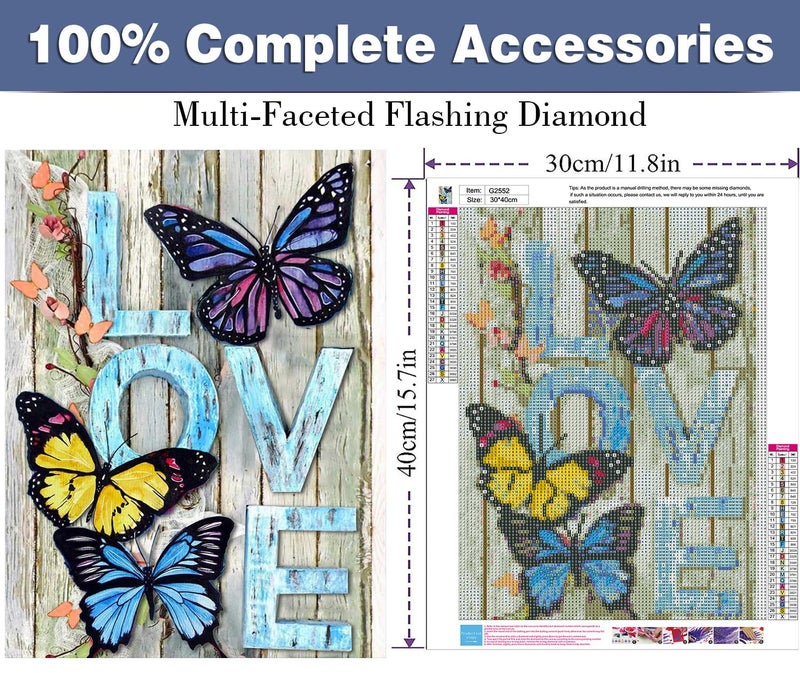 ijbnhd DIY Butterfly Diamond Painting Art Painting Kits for Adults Beginner, 5D Love Full Round Drill Gems Art Diamond Picture for Gift Home Wall Decor 12X16 inch - Image 2