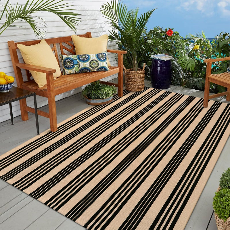 OJIA Outdoor Patio Rug 5x7 Black and Tan Striped Outdoor Rugs Machine Washable Area Rugs Cotton Hand Woven Indoor Outdoor Rugs for BedroomLiving RoomFront PorchDeckBackyardCamping