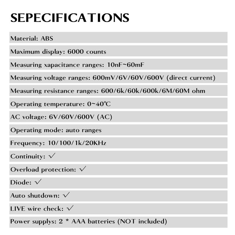 مقياس ضمادة رقمي MESTEK CM87D مع شاشة LCD و6000 عداد، مقياس متعدد الوظائف محمول، اختبار متعدد الوظائف لالتقاط التيار الحالي غير المباشر (NCV) والتيار المستمر والجهد المتردد والتيار والدرجة الحرارية والسعة والمقاومة والتردد والديود - Image 2