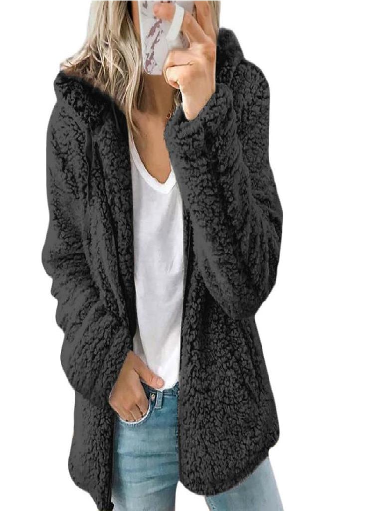 Eckek - Coats for Women Wool Fur Fluffy Furry Coat Fleece Jackets Hooded Long Sleeve Winter Warmer Plush Fleece Cardigan - Image 1