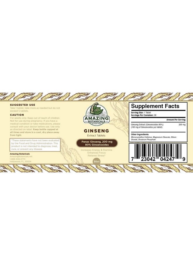 Amazing Botanicals Panax Ginseng Extract Tablets 200Mg Highly Potent 80% Ginsenosides For Energy & Relaxation Natural Herbal Supplement For Cognitive Booster & Healthy Brain Function 30 Tablets  - Image 3
