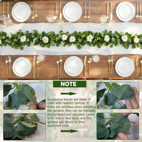 Autokcan 4 Packs 24FT Artificial Eucalyptus Flower Garland with White Camellias, Faux Greenery Garland Wedding Decor Fake Flower Rose Hanging Vine for Home Yard Table Party Decor - Image 3