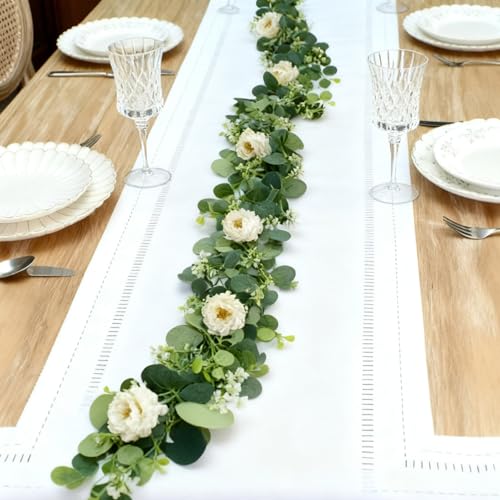 Autokcan 4 Packs 24FT Artificial Eucalyptus Flower Garland with White Camellias, Faux Greenery Garland Wedding Decor Fake Flower Rose Hanging Vine for Home Yard Table Party Decor - Image 4