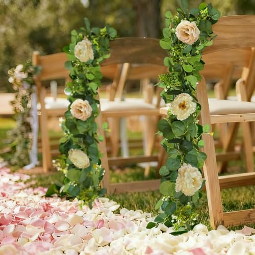 Autokcan 4 Packs 24FT Artificial Eucalyptus Flower Garland with White Camellias, Faux Greenery Garland Wedding Decor Fake Flower Rose Hanging Vine for Home Yard Table Party Decor - Image 5