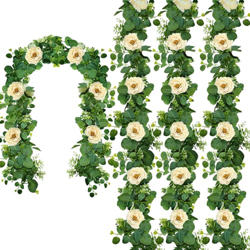 Autokcan 4 Packs 24FT Artificial Eucalyptus Flower Garland with White Camellias, Faux Greenery Garland Wedding Decor Fake Flower Rose Hanging Vine for Home Yard Table Party Decor - Image 1