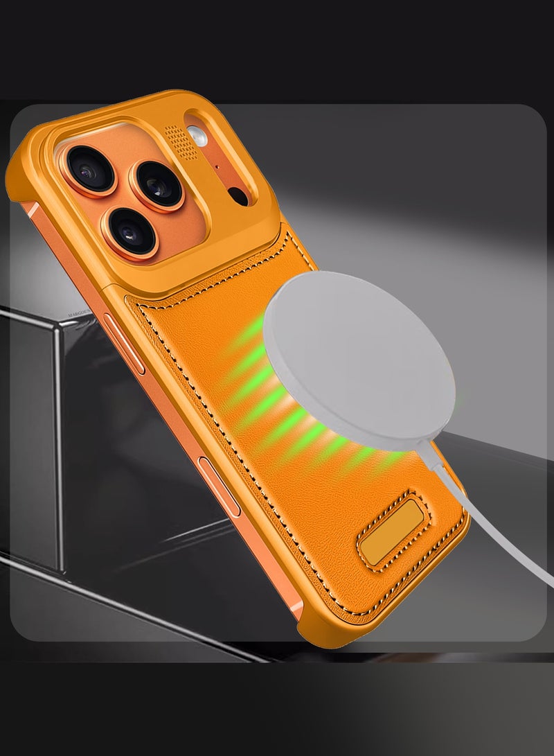 2 Pieces of Luxury Leather Aluminum Alloy Aromatherapy Case for iPhone 17 Pro Max - MagSafe Compatible - Shockproof - Camera Lens Protection - with 3D Screen Protector - Cosmic Orange - Image 4