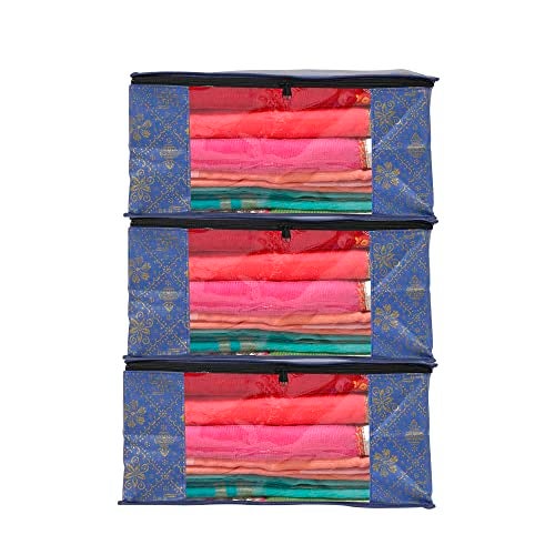 Perpetual Saree Organizer For Wardrobe -Large Size Foldable Saree Covers With Zip, Multipurpose Storage Bag For Suit, Lehanga, Dress Packing With Transparent Window Pack of 3 Pcs. (3o) - Image 1