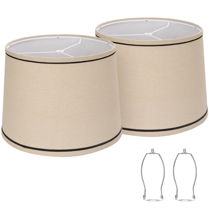 Seaside Village Drum Lampshade Set of 2, Medium Fabric Shades for Table and Floor Lamps, Beige Linen, 11.6" Top x 12.6" Bottom x 9.8" High, Spider Fitter, Replacement, Assembly Required  - Image 1