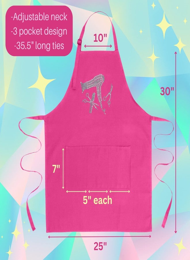 Plum Hill Pink Hair Stylist Apron with Rhinestone Tools for Hairdresser, Cosmetologist or Salon, 3 Pockets Adjustable Neck, Hot Pink - Image 2