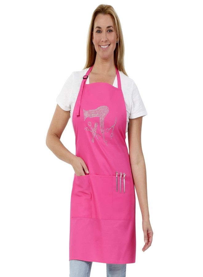 Plum Hill Pink Hair Stylist Apron with Rhinestone Tools for Hairdresser, Cosmetologist or Salon, 3 Pockets Adjustable Neck, Hot Pink - Image 1