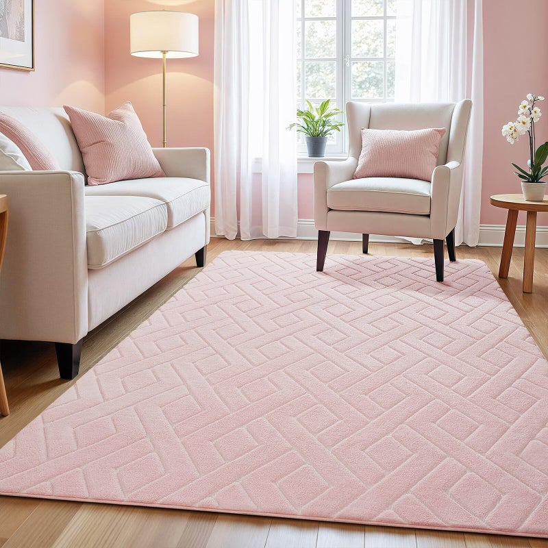 Macgace Ultra Soft Pink Area Rug for Girls Bedroom, 4x6 Modern Geometric Shag Rugs with Nonslip Backing for Living Room, Washable Fuzzy Carpet for Cozy Kids Room Nursery - Image 1
