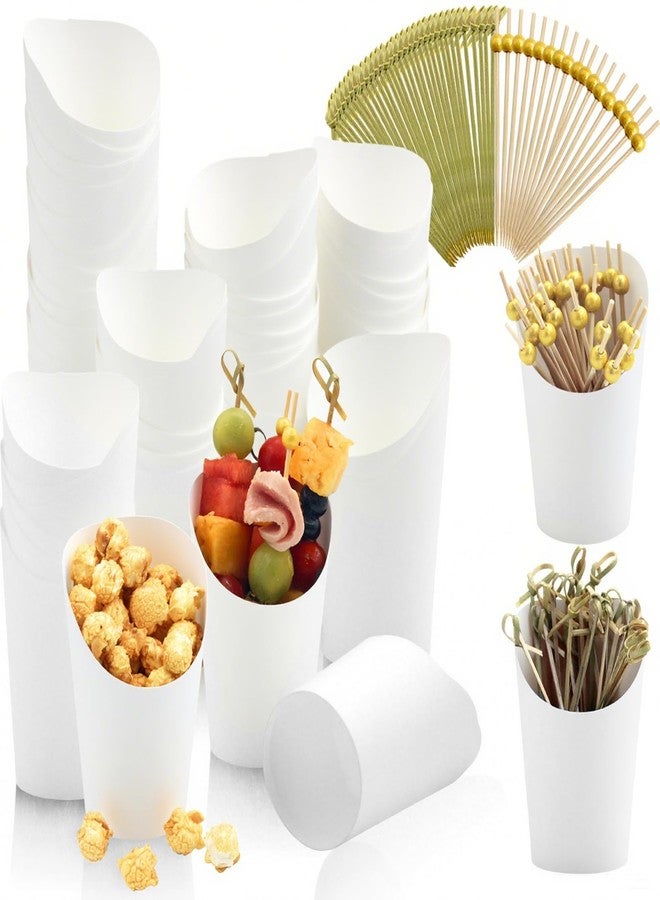 Bayurht 140 PCS 14 oz Charcuterie Cups with Sticks 40 Sets Individual Disposable Charcuterie Cups with 100 Cocktail Picks Kraft Paper French Fry Brown Paper Appetizer Cup for French Fry (White) - Image 1