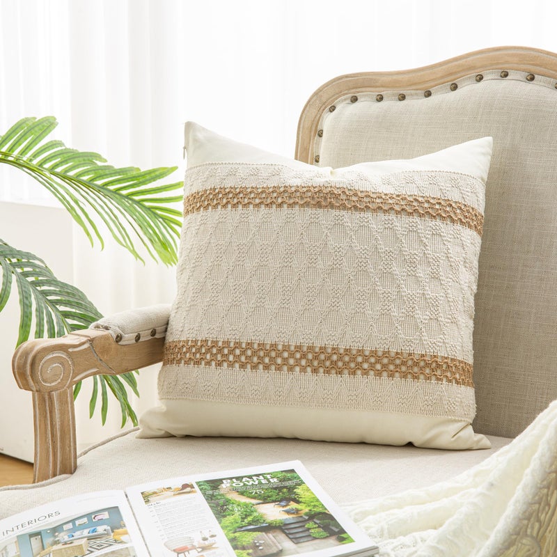Mayler Yee Throw Pillow Covers 16 x 16 Inch 1PC for Farmhouse Living Room  Cotton & Burlap Textured Striped Woven Boho Pillow Covers (Beige & Brown  Double Striped) - Image 1