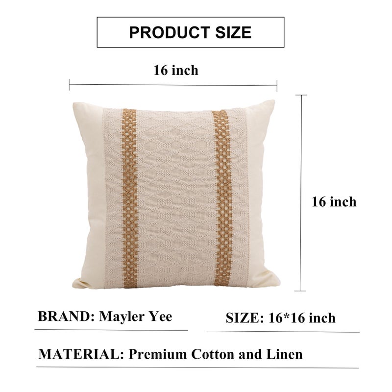 Mayler Yee Throw Pillow Covers 16 x 16 Inch 1PC for Farmhouse Living Room  Cotton & Burlap Textured Striped Woven Boho Pillow Covers (Beige & Brown  Double Striped) - Image 3