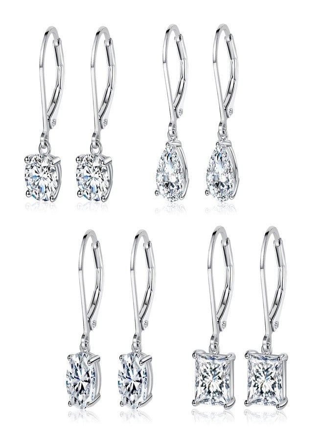 MDFUN 18K White Gold Plated Round Princess Cut Clear Cubic Zirconia Tear Drop Dangle Earrings for Women Hypoallergenic 4 Pairs - Image 1