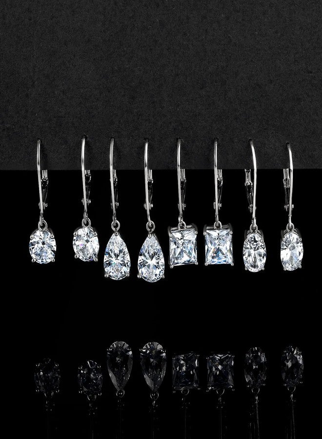 MDFUN 18K White Gold Plated Round Princess Cut Clear Cubic Zirconia Tear Drop Dangle Earrings for Women Hypoallergenic 4 Pairs - Image 4