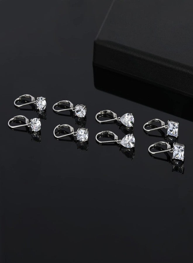 MDFUN 18K White Gold Plated Round Princess Cut Clear Cubic Zirconia Tear Drop Dangle Earrings for Women Hypoallergenic 4 Pairs - Image 5