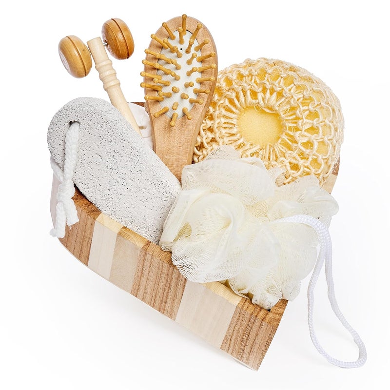 Bella Ciao 6Piece Body and Skincare Set Womens Beauty Travel Basket Spa Gift Set Bath Accessories Includes Face Massage Roller Hair Brush Exfoliation Tools and Decorative Wooden Tray
