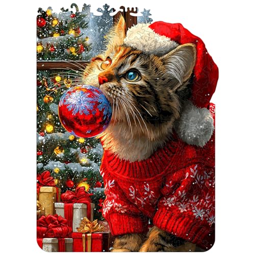 MEATRN Christmas Hat Cat Jigsaw Puzzles 490 Pcs Handmade Wooden Puzzle with Unique Shapes Stress Relief Educational Fun Family Game Night 134183 Inch Best Gift for Friends - Image 1
