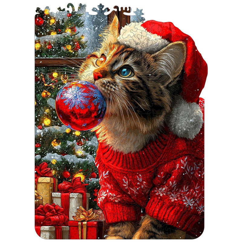 MEATRN Christmas Hat Cat Jigsaw Puzzles 490 Pcs Handmade Wooden Puzzle with Unique Shapes Stress Relief Educational Fun Family Game Night 134183 Inch Best Gift for Friends - Image 3