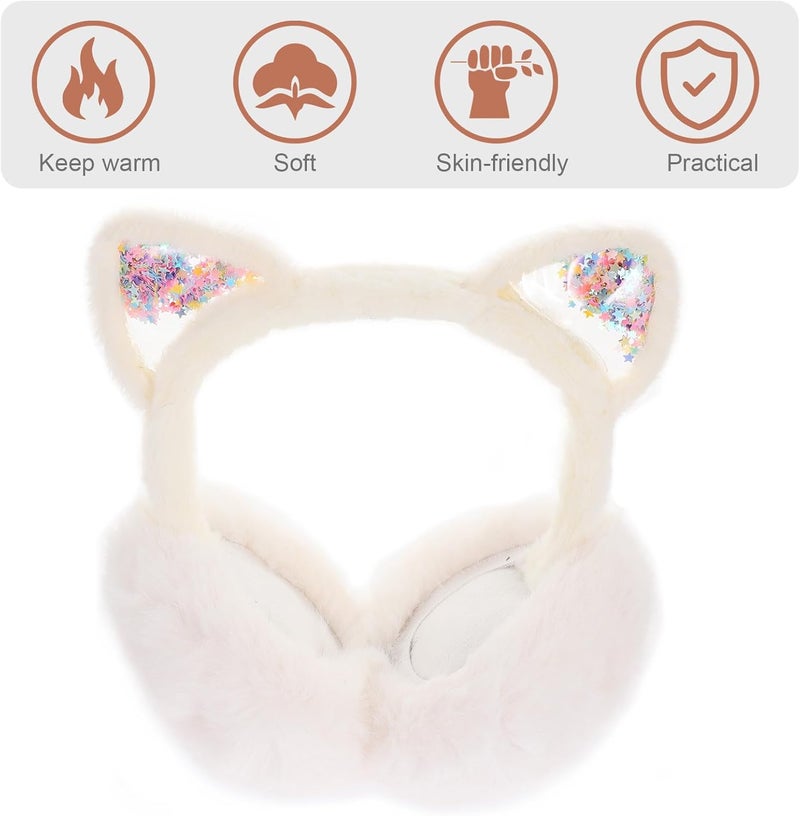 Winter Earmuffs with Foldable Plush Kitten Ears, White Soft Ear Warmers and Boys Outdoor Cold Weather Protection - Image 3
