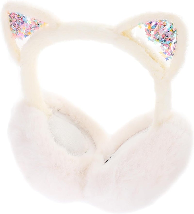 Winter Earmuffs with Foldable Plush Kitten Ears, White Soft Ear Warmers and Boys Outdoor Cold Weather Protection - Image 1