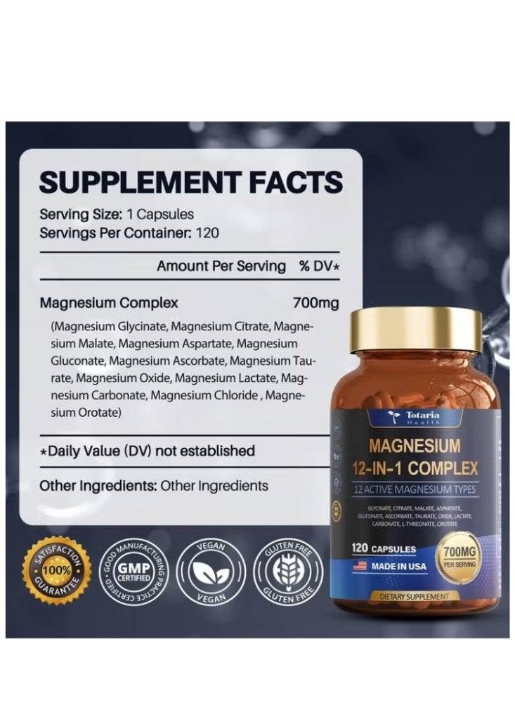 Totaria 2 Bottles 12-in-1 Magnesium Complex 700mg - Supplement with Glycinate Citrate Malate Oxide Taurate Aspartate Orotate, Vegan Capsules for Muscle, Heart, and Relaxation Support - Image 3