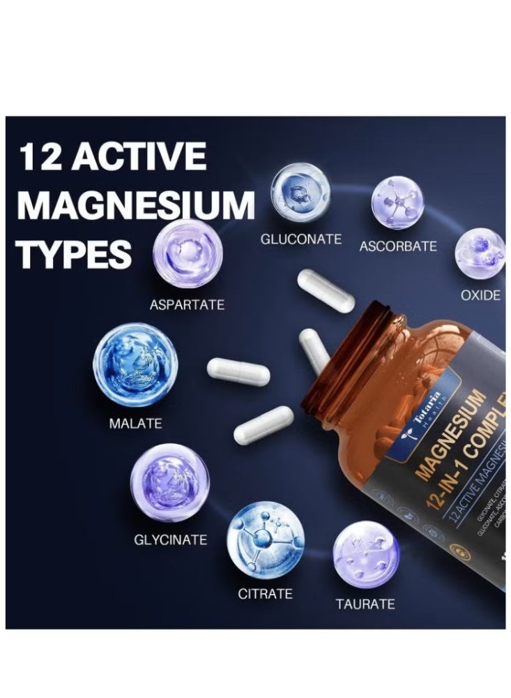 Totaria 2 Bottles 12-in-1 Magnesium Complex 700mg - Supplement with Glycinate Citrate Malate Oxide Taurate Aspartate Orotate, Vegan Capsules for Muscle, Heart, and Relaxation Support - Image 2