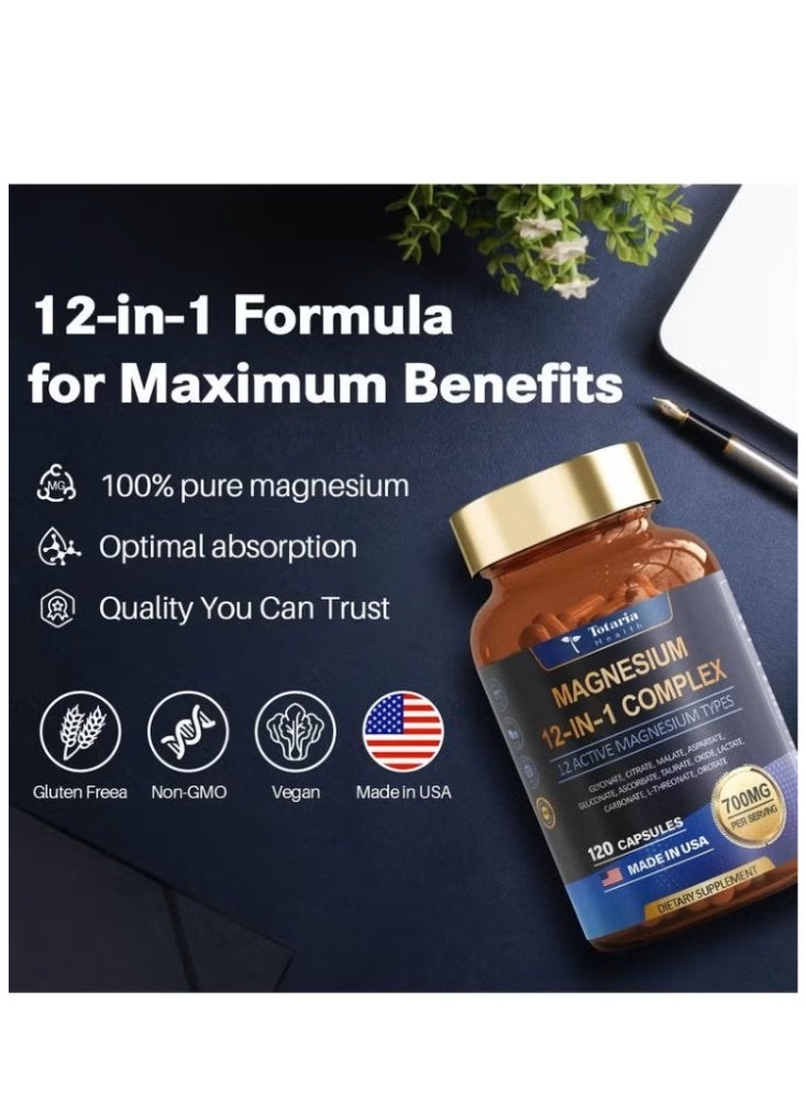 Totaria 2 Bottles 12-in-1 Magnesium Complex 700mg - Supplement with Glycinate Citrate Malate Oxide Taurate Aspartate Orotate, Vegan Capsules for Muscle, Heart, and Relaxation Support - Image 4