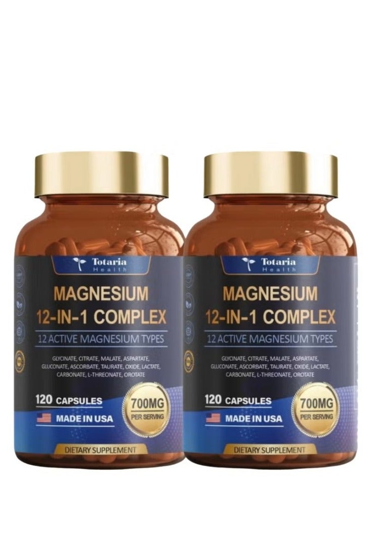 Totaria 2 Bottles 12-in-1 Magnesium Complex 700mg - Supplement with Glycinate Citrate Malate Oxide Taurate Aspartate Orotate, Vegan Capsules for Muscle, Heart, and Relaxation Support - Image 1