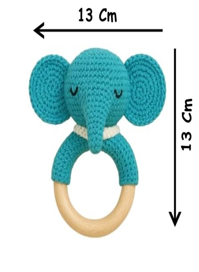 Clapjoy Handmade Crochet Elephant Rattle Teether Toy for Babies | Natural Beechwood Ring | Soft Cotton Yarn | Safe, Non-Toxic & Eco-Friendly Baby Rattle - Image 2