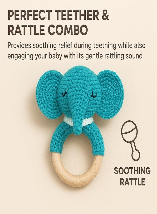 Clapjoy Handmade Crochet Elephant Rattle Teether Toy for Babies | Natural Beechwood Ring | Soft Cotton Yarn | Safe, Non-Toxic & Eco-Friendly Baby Rattle - Image 4